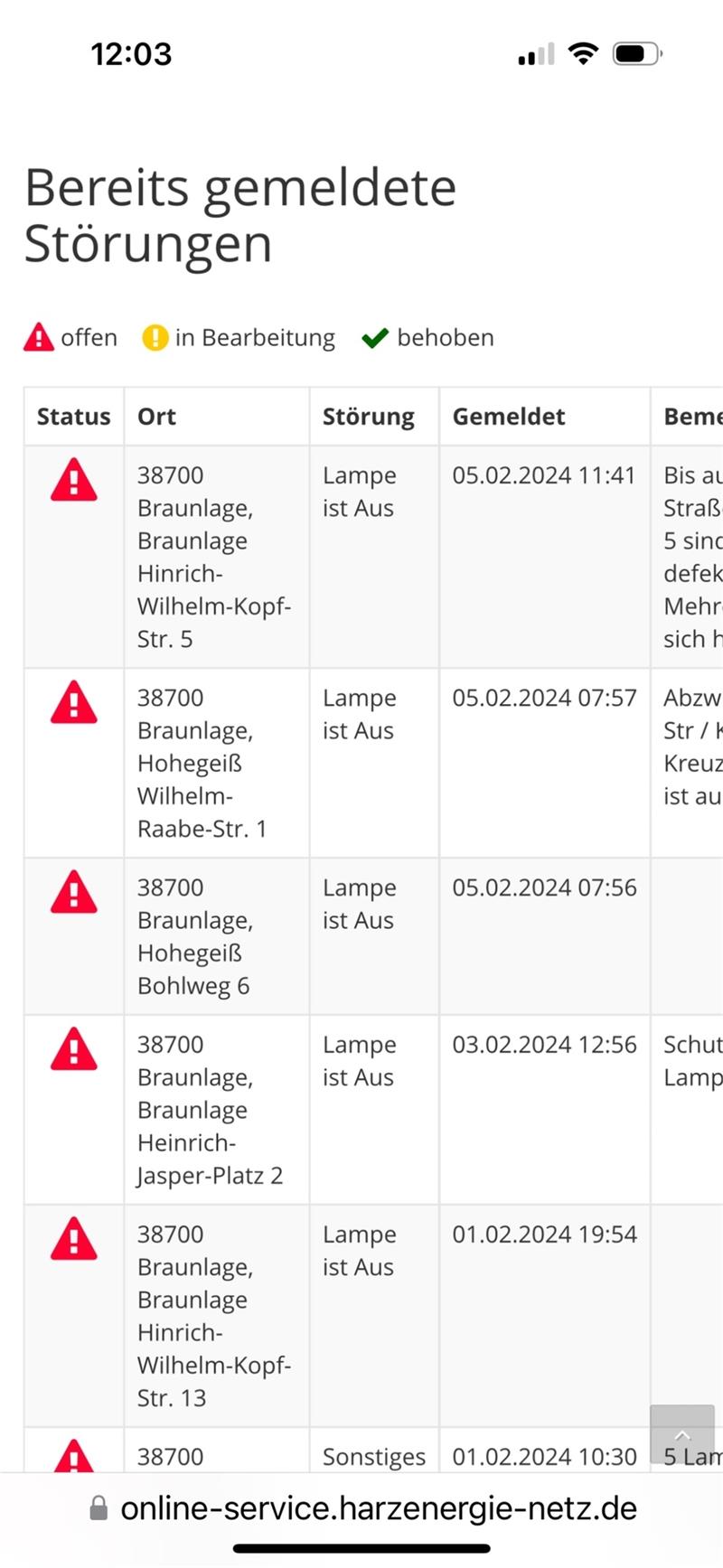 Die Bürger nutzen das Beleuchtungsportal im Internet kräftig. Screenshot: GZ