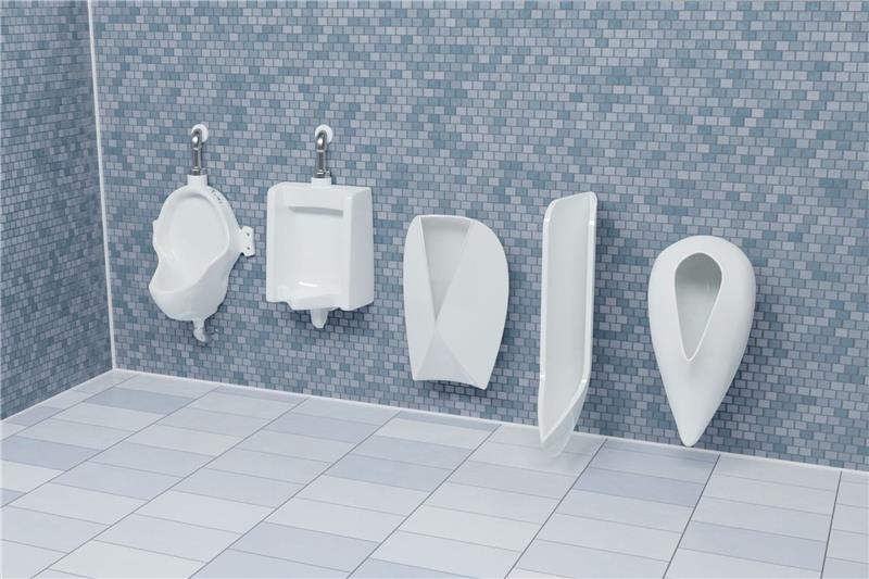 Beinahe spritzfreies Urinal für Stehpinkler Die Computerdarstellung zeigt zwei Urinale mit traditionellem Design (l.) und drei von den Forschern entworfene Urinale.