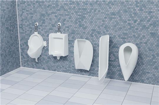 Die Computerdarstellung zeigt zwei Urinale mit traditionellem Design (l.) und drei von den Forschern entworfene Urinale.