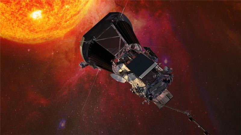 Sonde passiert Sonne in Rekordnähe Die Computergrafik zeigt die „Parker Solar Probe“-Sonde der US-Raumfahrtbehörde Nasa auf dem Weg zur Sonne.