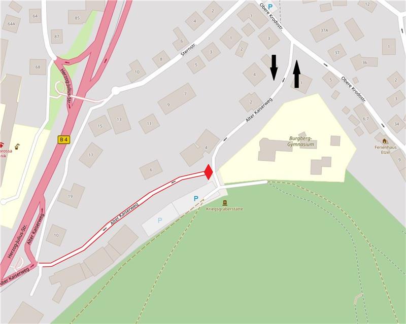 „Alter Kaiserweg“ ab Montag voll gesperrt Die Einbahnstraßenregelung im „Alten Kaiserweg“ wird während der Arbeiten aufgehoben. Grafik: OpenStreetMap/Exner