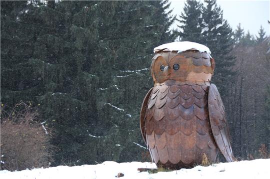 Die Eule vom Löwenzahn-Entdeckerpfad mit Schneekappe. (Foto: Mandy Gebara, Nationalpark Harz)