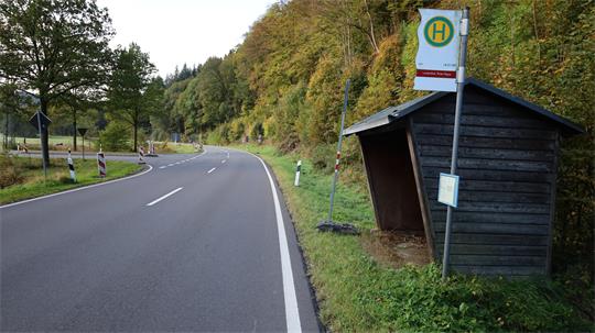 Landstraße mit Buswartehäuschen aus Holz am Straßenrand vor bewaldetem Hang