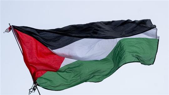 Die Flagge von Palästina wird bei einer propalästinensischen Kundgebung geschwenkt.