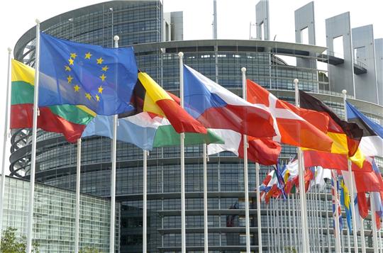 Die Flaggen der Mitgliedsländer der Europäischen Union vor dem Europa-Parlament in Straßburg.