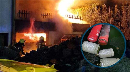 Die Flammen schlugen meterhoch aus dem Gebäude. Die Einsatzkräfte fanden im Inneren fünf Gasflaschen. GZ-Montage: Feuerwehr Seesen