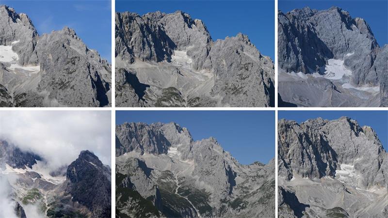 Die Fotos zeigen die Reste des Gletschers Höllentalferner - 2021 (oben links), 2022 (oben Mitte), 2023 (oben rechts), 2024 (unten links), 2025 (unten Mitte) und 2026 (unten rechts).