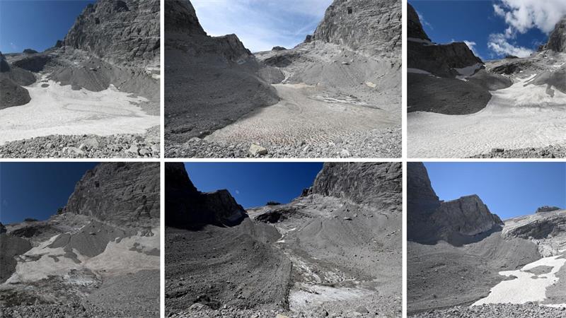 Die Fotos zeigen die Reste des Watzmanngletschers auf 2060 Metern - 2021 (oben links), 2022 (oben Mitte), 2023 (oben rechts), 2024 (unten links), 2025 (unten Mitte) und 2026 (unten rechts).