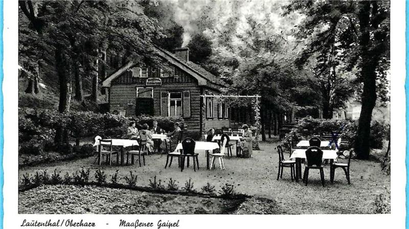 Außenbereich eines Gasthauses mit mehreren Tischen und Stühlen unter Bäumen vor einem Fachwerkhaus