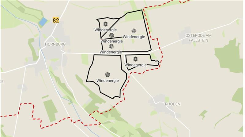 Windpark Hornburg: Was Befürworter und Gegner des Projekts sagen Eine Grafik zeigt Flächen bei Hornburg, auf denen Windkraft möglich werden könnte.