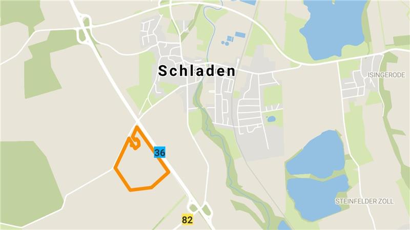 Grafik der Ortschaft Schladen mit einer orange umrandeten Fläche im Süden.