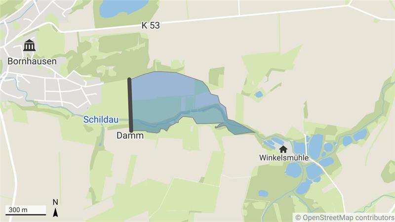 Die Grafik zeigt die Lage des geplanten Hochwasserrückhaltebeckens östlich von Bornhausen.