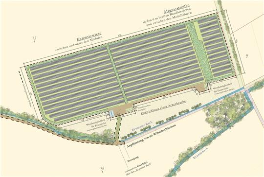 Die Grafik zeigt, wie der Solarpark Liebenburg in einem Taleinschnitt am Großen Sauberg im Dorf-Dreieck Liebenburg-Neuenkirchen-Döhren aussehen soll. Die Anpflanzung von Obstbäumen soll ihre Sichtbarkeit einschränken.  Quelle: Grün Strom KG