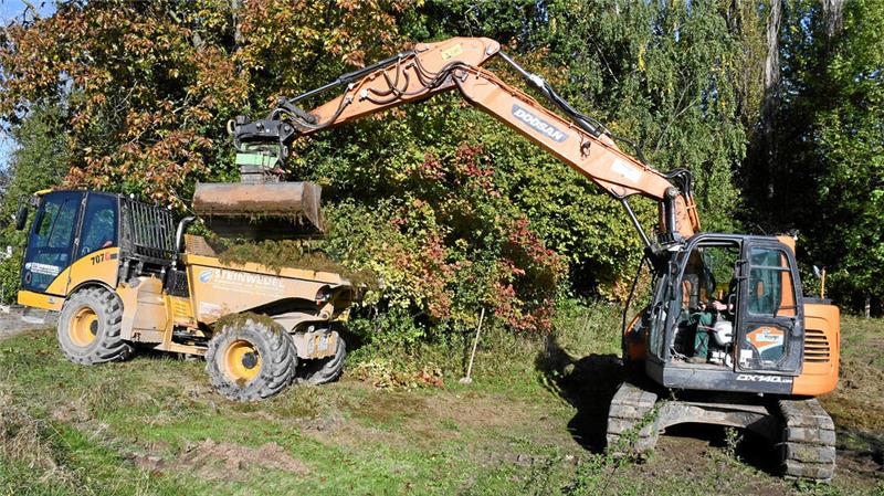 Die Grasmahd von der bisherigen Weide wird abtransportiert. In den kommenden Tagen pendeln Laster zwischen neuer und alter Biotopfläche hin und her.