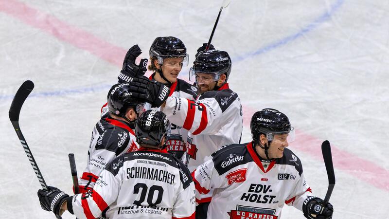 Die Eishockeyspieler der Harzer Falken bejubeln einen Treffer