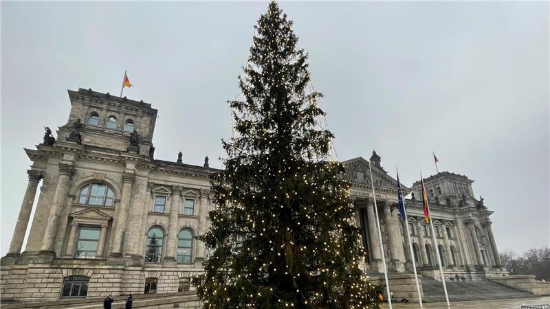Die Harzer Fichte steht nun vor dem Bundestag in Berlin. Der 26 Meter hohe Baum ist mit Lichterketten geschmückt.