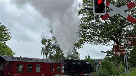 Das Foto zeigt eine Dampflok, die einen Bahnübergang kreuzt.