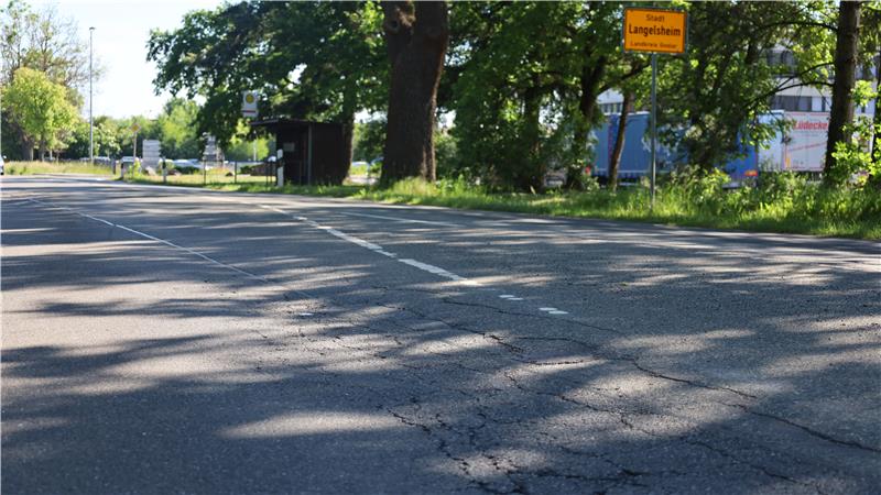 Straße mit Schatten von Bäumen und gelbem Ortsschild 'Langelsheim' am Straßenrand.