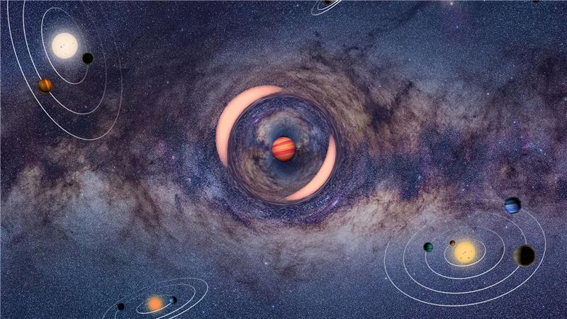 Die Illustration zeigt einen frei schwebenden Planeten, der das Licht eines dahinter liegenden Sterns ablenkt - ähnlich wie bei einem Brennglas.