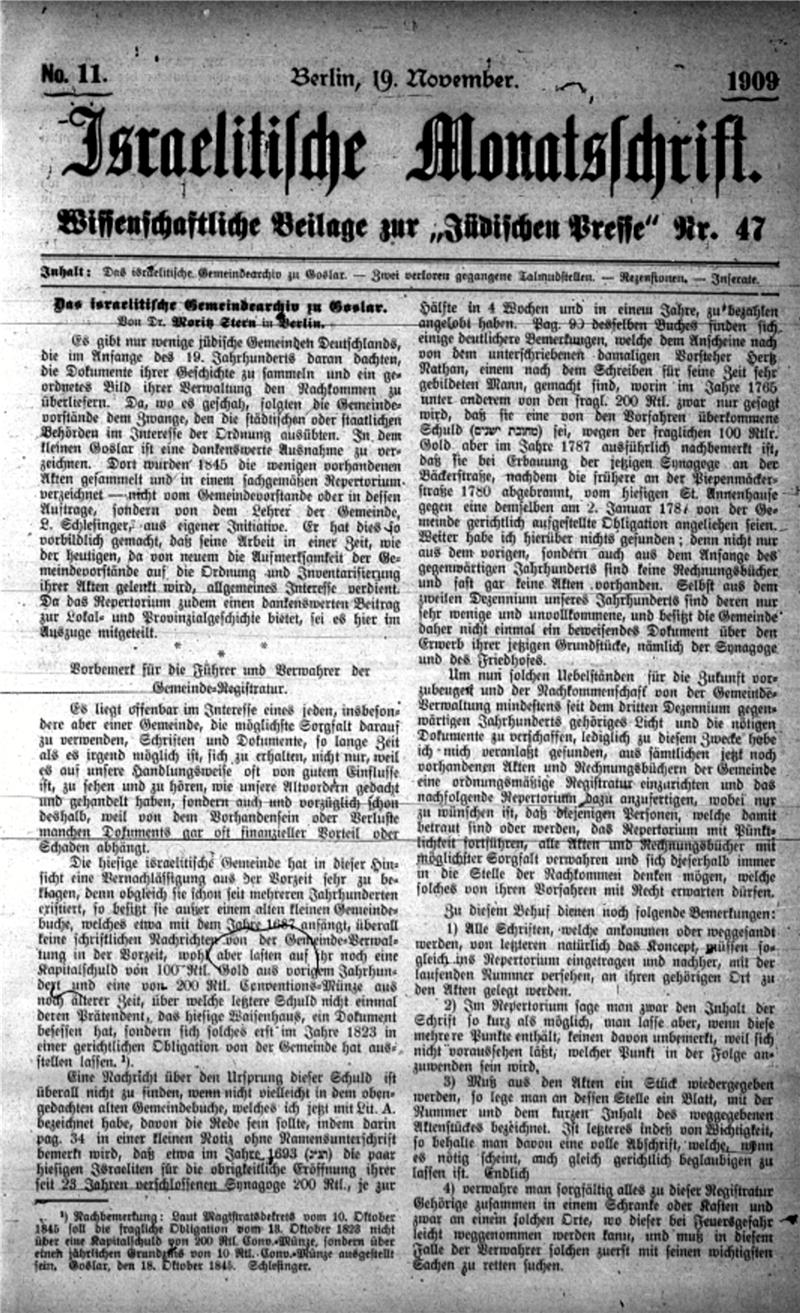 Corinna Meiß auf den Spuren der Goslarer Juden Die Israelitische Monatsschrift beschreibt das Archiv der jüdischen Gemeinde in Goslar und nennt die Arbeit vorbildlich. Repro: Meiß