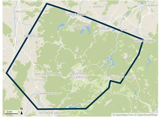 Die Karte zeigt einen Kartenausschnitt mit dem "Erlaubnisfeld Oberharz". Das Gebiet reicht von Goslar und Langelsheim im Norden bis nach Bad Harzburg und Altenau im Osten, Seesen im Westen und Osterode im Süden.