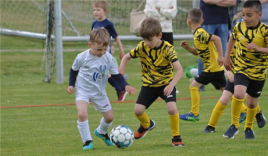 Die Kleinsten sind bereits voll bei der Sache, hier im Spiel zwischen dem schwarz-gelben SV Rammelsberg und dem JFV Flenithi Süd. Zum Start des Turniers ist es noch trocken. Foto: Epping