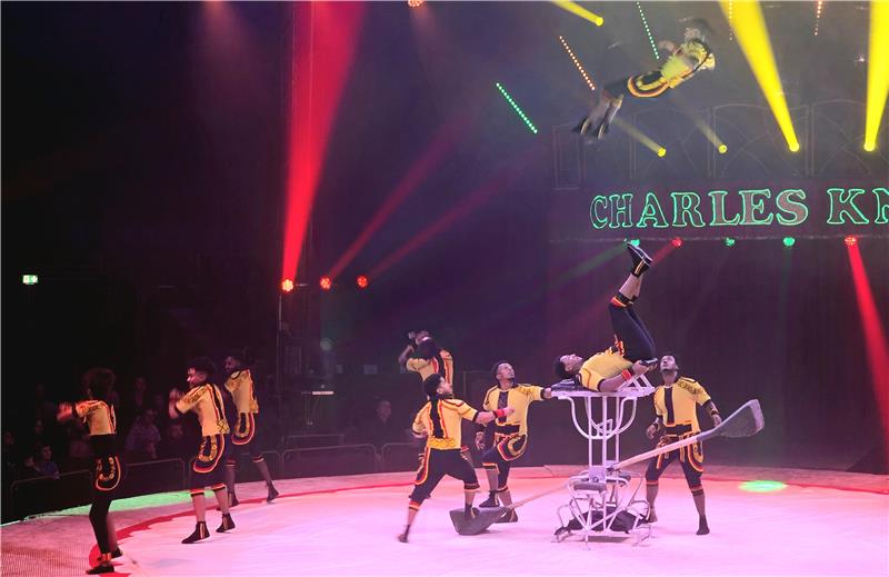 Mehrere Artisten in gelb-schwarzen Kostümen führen eine akrobatische Show mit einem Tisch und einem Artist in der Luft auf einer Bühne mit bunten Scheinwerfern auf.