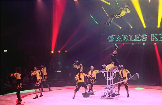 Mehrere Artisten in gelb-schwarzen Kostümen führen eine akrobatische Show mit einem Tisch und einem Artist in der Luft auf einer Bühne mit bunten Scheinwerfern auf.