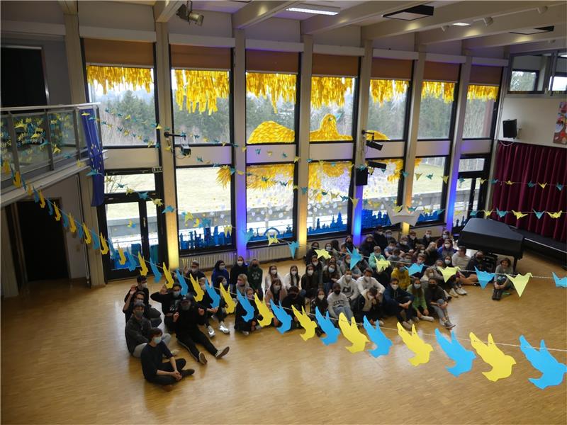 Die Künstler vor ihrem Werk: Der 11. Jahrgang der Robert-Koch-Schule bringt mit „Transformation“ seine Hoffnungen auf eine hellere Zukunft, sowohl in Bezug auf den Krieg in der Ukraine als auch auf die Corona-Pandemie zum Ausdruck. Fotos: Römhild
