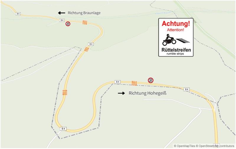 Rüttelstreifen sollen Unfalltote bei Braunlage verhindern Die Landesbehörde will die Rüttelstreifen (in der Grafik orangefarbig schraffiert) vor den Kurven im Bereich des Kesselbergs und von Hohegeiß aus gesehen in Richtung Petersilienwässerchen installieren. Grafik: GZ