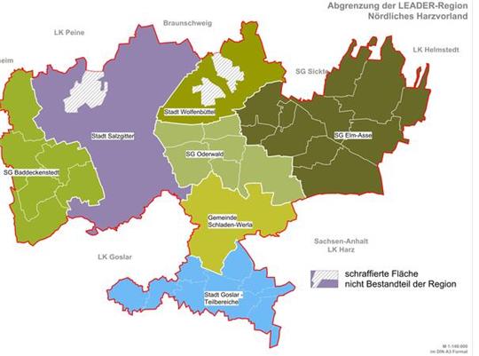 Die Leader-Förderregion mit den für den Nordharz relevanten Bereichen.