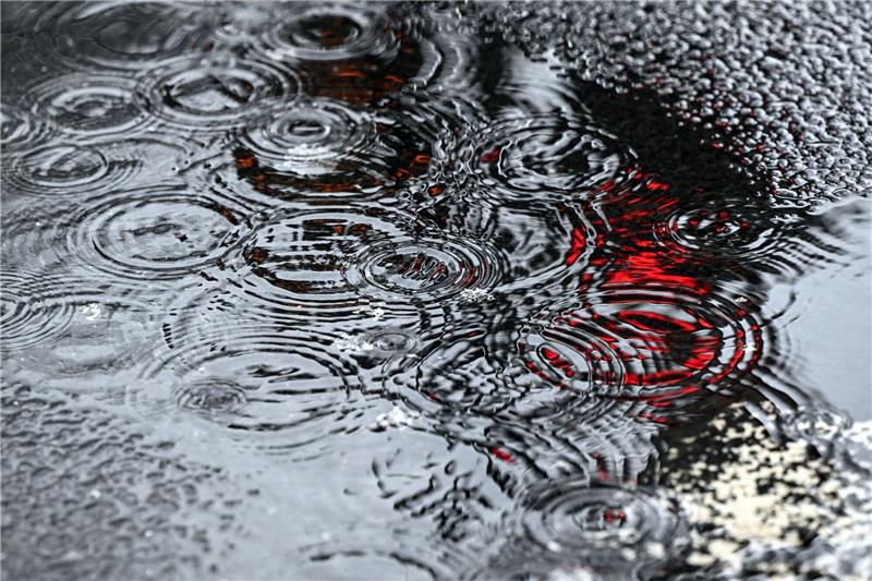 Die Lichter einer Ampel spiegeln sich bei Regenwetter in einer Pfütze.