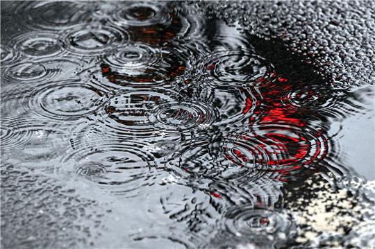 Die Lichter einer Ampel spiegeln sich bei Regenwetter in einer Pfütze.