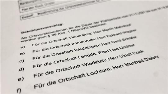 Ausschnitt eines Dokuments mit einer Liste von Ortsvorstehern für verschiedene Ortschaften, darunter Vienenburg, Immenrode, Weddingen, Lengde, Wiedelah und Lochtum.