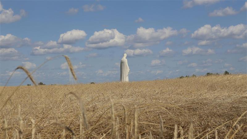 Riesige Marienstatue in Polen soll Pilger anziehen Die Marienfigur ist zwischen Kornfeldern von weitem zu sehen.