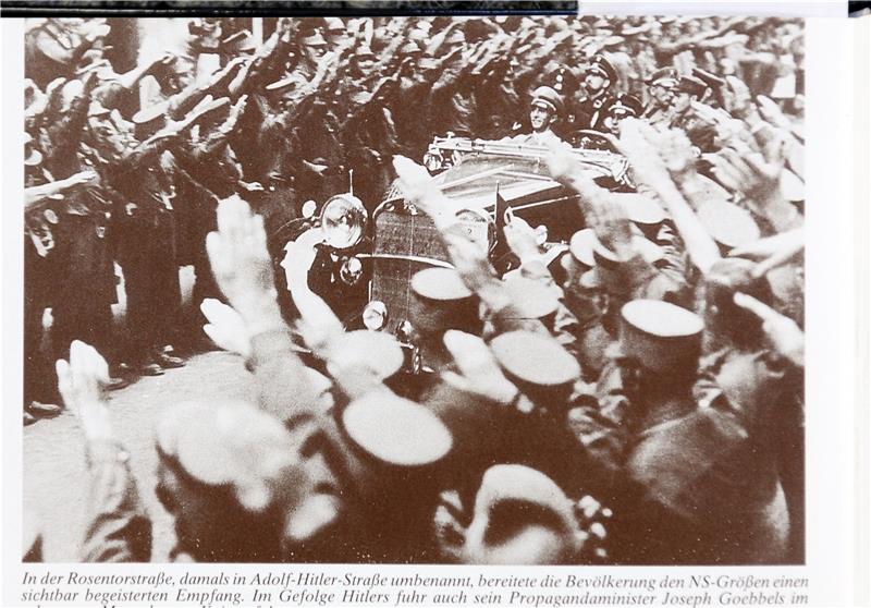 Die Nazis kamen nicht durch Goslars Hintertür: 1934 bereiten die Menschen Propagandaminister Joseph Goebbels auf der schon in Adolf-Hitler-Straße umbenannten Rosentorstraße einen jubelnden Empfang.  Foto: Oskar Rögener/Archiv Geyer