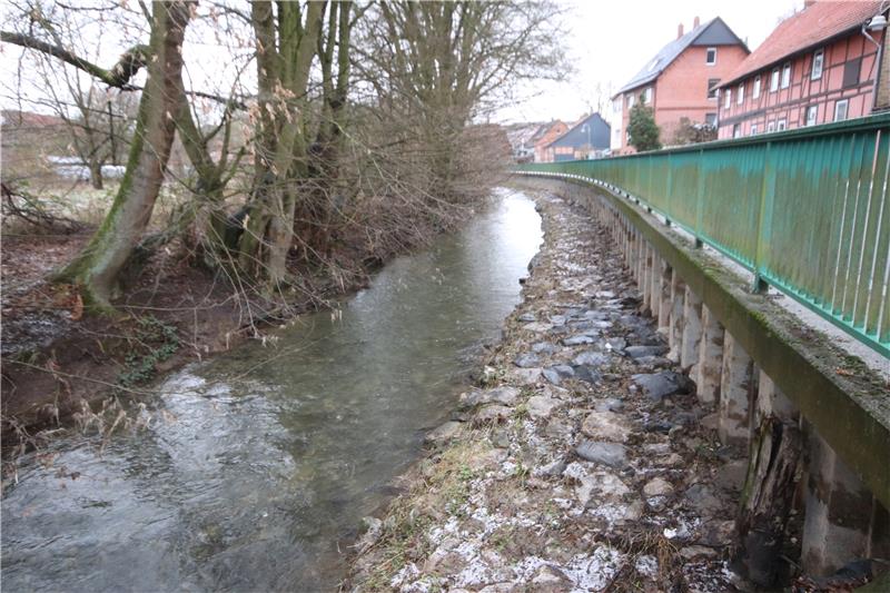 Hochwasserschutz: Neue Pläne für Neile-Aufweitung in Neuwallmoden Die Neile nördlich der Brücke in der Ortsmitte: Rechts verläuft die Landesstraße, dieser Uferbereich bleibt unangetastet. An der linken Böschung soll die Berme entstehen – dafür müssen Bäume weichen. Foto: Gereke