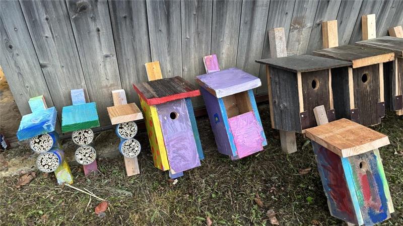 Nistkästen und Insektenhotels bemalt und aufgehängt Die Nistgelegenheiten bemalten die Kinder mit bunten Farben.