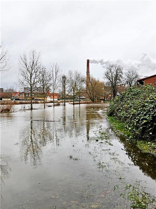 Die Oker hatte sich im Dezember vergangenen Jahres ziemlich breit gemacht in Schladen. Hier der Blick in Richtung der Zuckerfabrik. Archivfoto: Hohaus