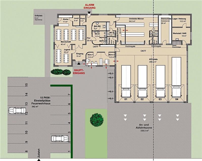 Die Planzeichnung vom Architektenbüro sieht ein zeitgemäßes Feuerwehrgerätehaus mit entsprechenden Schulungs-, Mannschafts- und Umkleideräumen sowie eine ausreichend Halle für die Fahrzeuge und Nebenräumen vor. Auch ausreichend Parkplätze soll es auf dem Grundstück geben, das nun noch gesucht wird. Grafik: Architekt