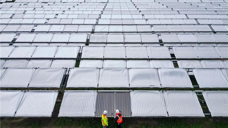 Bilder des Tages Die Projektleiter der Stadtwerke Leipzig Erik Jelinek (l) und Guido Wimmer von Ritter XL Solar kontrollieren ein Kollektorfeld in der neuen Solarthermieanlage am Rande von Leipzig. Den Bauherren zufolge handelt es sich um die größte Solarthermieanlage Deutschlands.