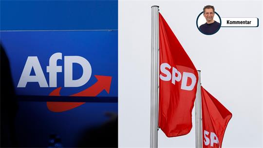 Links ist das Logo der Partei AfD als Schriftzug, rechts daneben ist ein Bild von Flaggen der Partei SPD