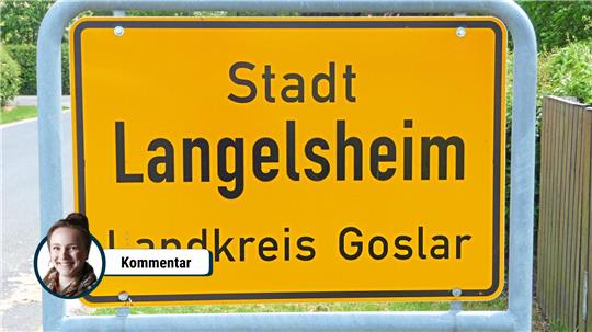 Gelbes Ortsschild mit schwarzer Schrift „Stadt Langelsheim Landkreis Goslar“ vor grünem Hintergrund.