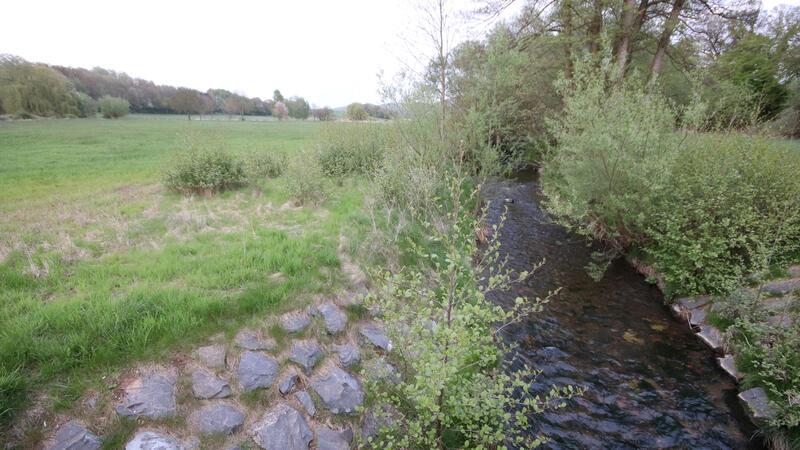 Die Schildau fließt gemächlich bei Bornhausen in ihrem Bett. Das ist nicht immer so, deshalb soll bei Hochwasser der Fluss in diesem Tal durch einen Damm gestaut werden können.