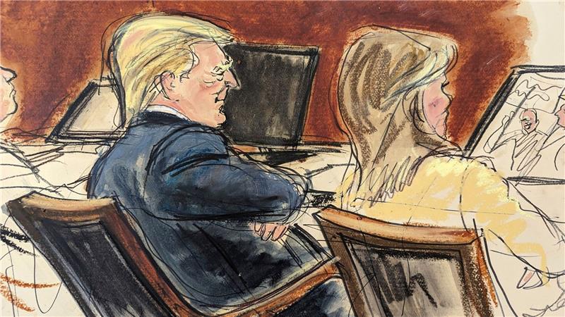 Verleumdungsprozess: Richter droht Trump mit Ausschluss Die Skizze zeigt Donald Trump neben seiner Anwältin im Gerichtssaal in New York.