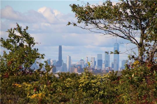 Die Skyline von Manhattan, im Vordergrund das Naturschutzgebiet Jamaica Bay Wildlife Refuge.