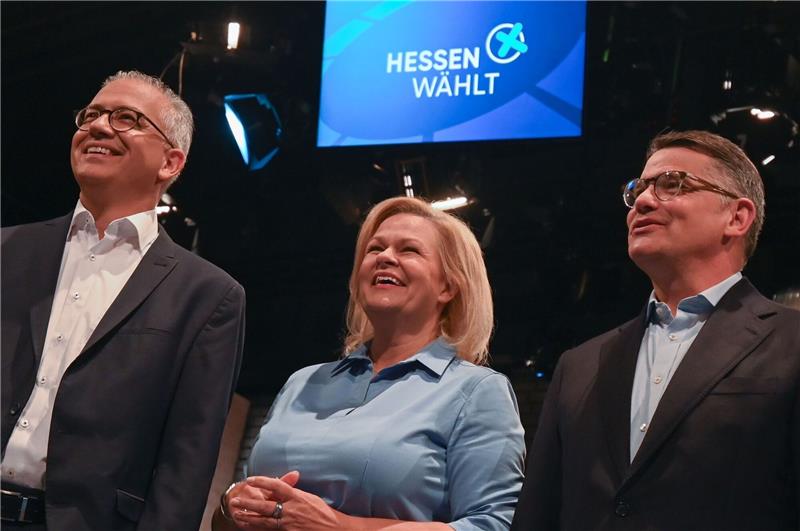 Die Spitzenkandidaten der Landtagsparteien in Kurzporträts Die Spitzenkandidaten der hessischen Landtagswahl, Tarek Al-Wazir (Bündnis 90/Die Grünen, l.), Nancy Faeser (SPD) und Boris Rhein (CDU).