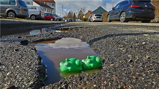Zwei grüne Froschfiguren schwimmen in einer Pfütze auf einer unebenen Asphaltstraße mit parkenden Autos im Hintergrund.
