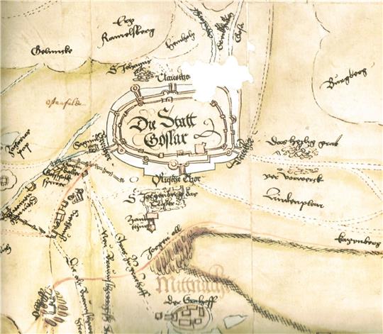 „Die Statt Goslar“ mit Rammelsberg, Burgberg und Georgenberg: Es handelt sich um einen Auszug aus der ältesten Karte des Nordharzes aus dem Jahre 1530. Wann die Stadt Goslar gegründet wurde, ist nicht belegbar. Abbildung: LGLN Niedersachsen