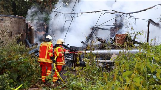 Zwei Feuerwehrleute in Schutzkleidung löschen ein brennendes Gebäude, umgeben von Rauch und Vegetation